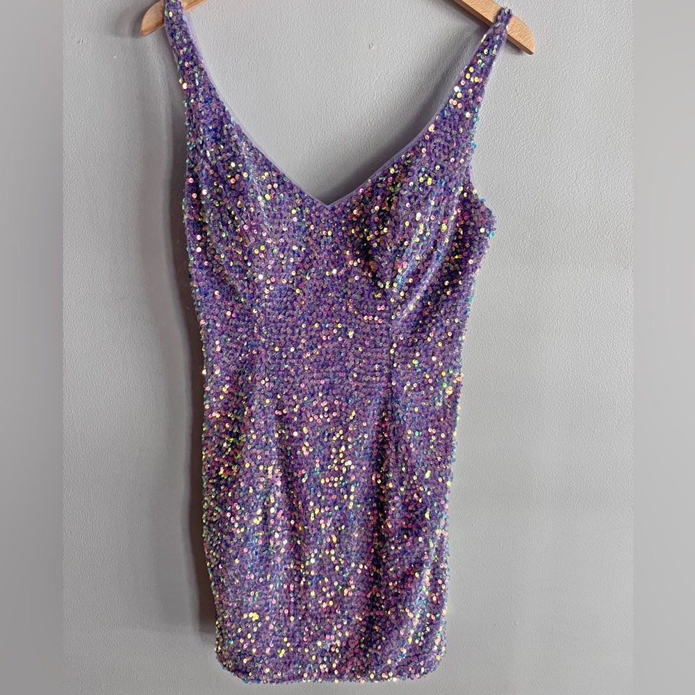 Hellymoon Purple Sequin Mini Dress Open Back Sparkle Party Club Bodycon Size 8